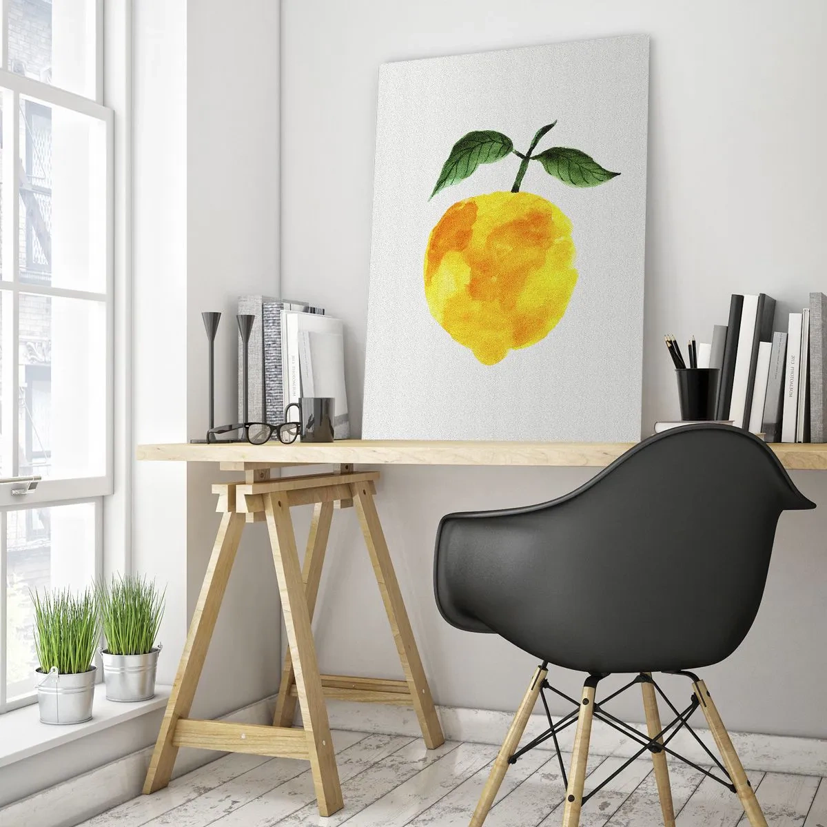 Obraz na szkle - Cytryna w stylu akwarelowym z zielonymi liśćmi - 50x70cm - Jak poznać smak słońca - Nowoczesna dekoracja ścienna do salonu, kuchni i sypialni ARTTOR