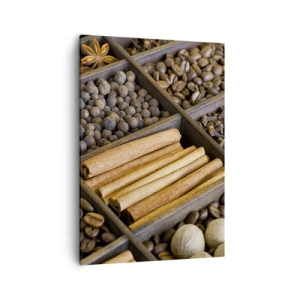 Obraz na płótnie - Zestaw przypraw w drewnianych przegródkach - 50x70cm - Skarbiec aromatów - Nowoczesna dekoracja ścienna do salonu, kuchni i sypialni ARTTOR