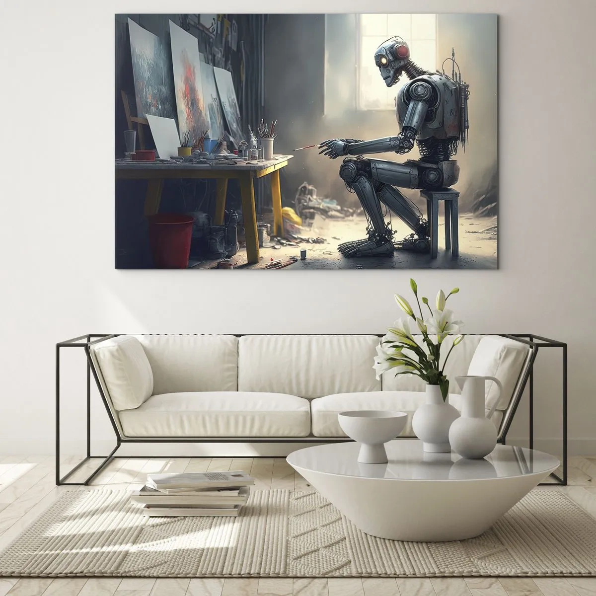 Obraz na szkle - Robot malujący obrazy w artystycznej pracowni - 70x50cm - Akt kreacji - Nowoczesna dekoracja ścienna do salonu i sypialni ARTTOR