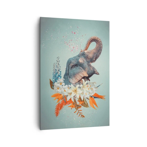 Obraz na płótnie - Słoń otoczony kolorowymi kwiatami na pastelowym tle - 70x100cm - Ryk radości - Nowoczesna dekoracja ścienna do salonu i sypialni ARTTOR