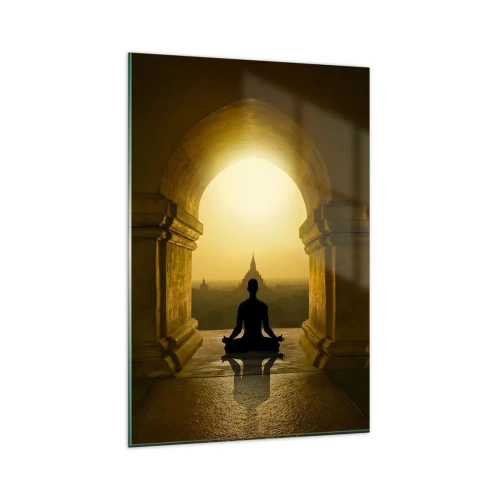 Obraz na szkle - Sylwetka medytującej osoby w świetle zachodzącego słońca - 80x120cm - Pełna harmonia - Nowoczesna dekoracja ścienna do salonu i sypialni ARTTOR