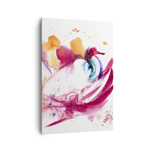 Obraz na płótnie - Abstrakcyjna twarz z wyrazistymi oczami i akcentami w czerwieni - 70x100cm - W bliskości świat rozkwita - Nowoczesna dekoracja ścienna do salonu i sypialni ARTTOR