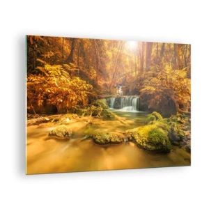 Obraz na szkle - Leśna kaskada w złocie - 70x50cm - Leśna kaskada w złocie - Nowoczesna dekoracja ścienna do salonu i sypialni ARTTOR