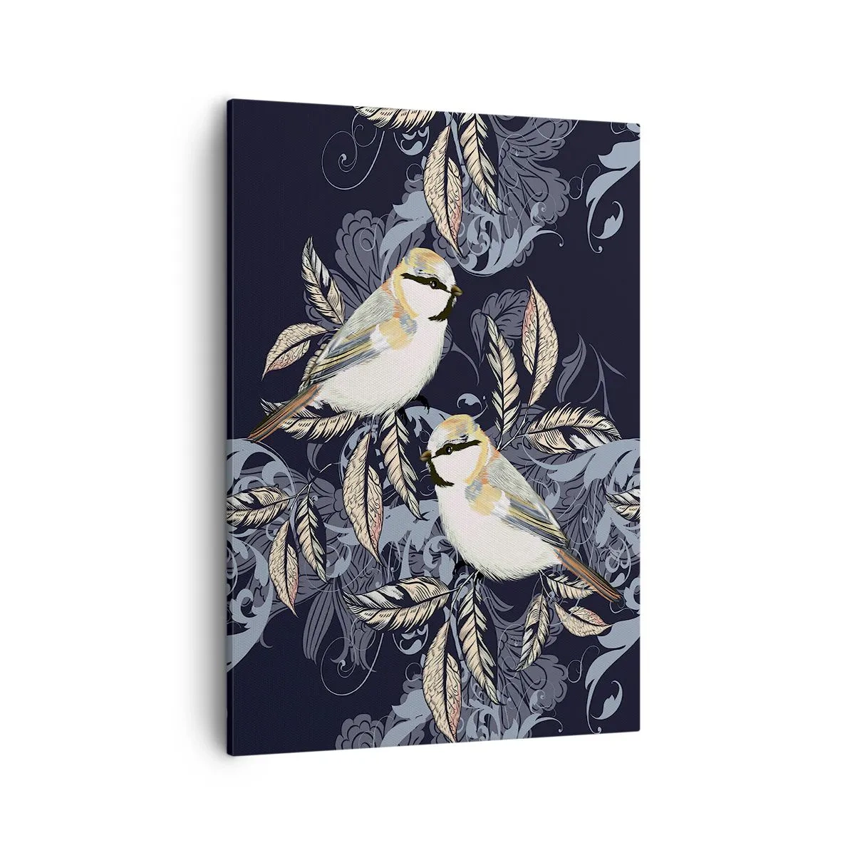 Obraz na płótnie - Dwa stylizowane ptaki wśród ozdobnych liści na ciemnym tle - 50x70cm - Żółto-błękitny trel - Nowoczesna dekoracja ścienna do salonu, kuchni i sypialni ARTTOR