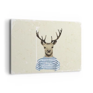 Obraz na płótnie - Jeleń w koszulce w paski na jasnym tle z delikatną teksturą - 120x80cm - Bo lubię koszulki w paski! - Nowoczesna dekoracja ścienna do salonu, kuchni i sypialni ARTTOR