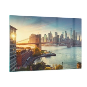 Obraz na szkle - Panorama Nowego Jorku z mostem Brooklyn - 120x80cm - Wielkomiejski świt - Nowoczesna dekoracja ścienna do salonu, kuchni i sypialni ARTTOR