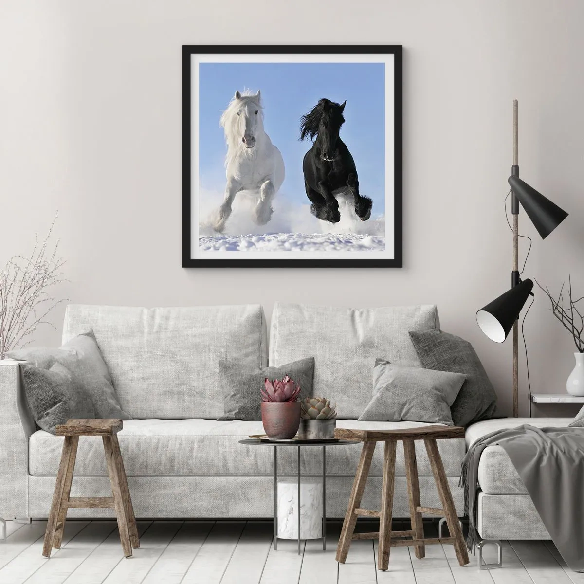 Plakat w czarnej ramie - Czarno-biały galop - 30x30 cm