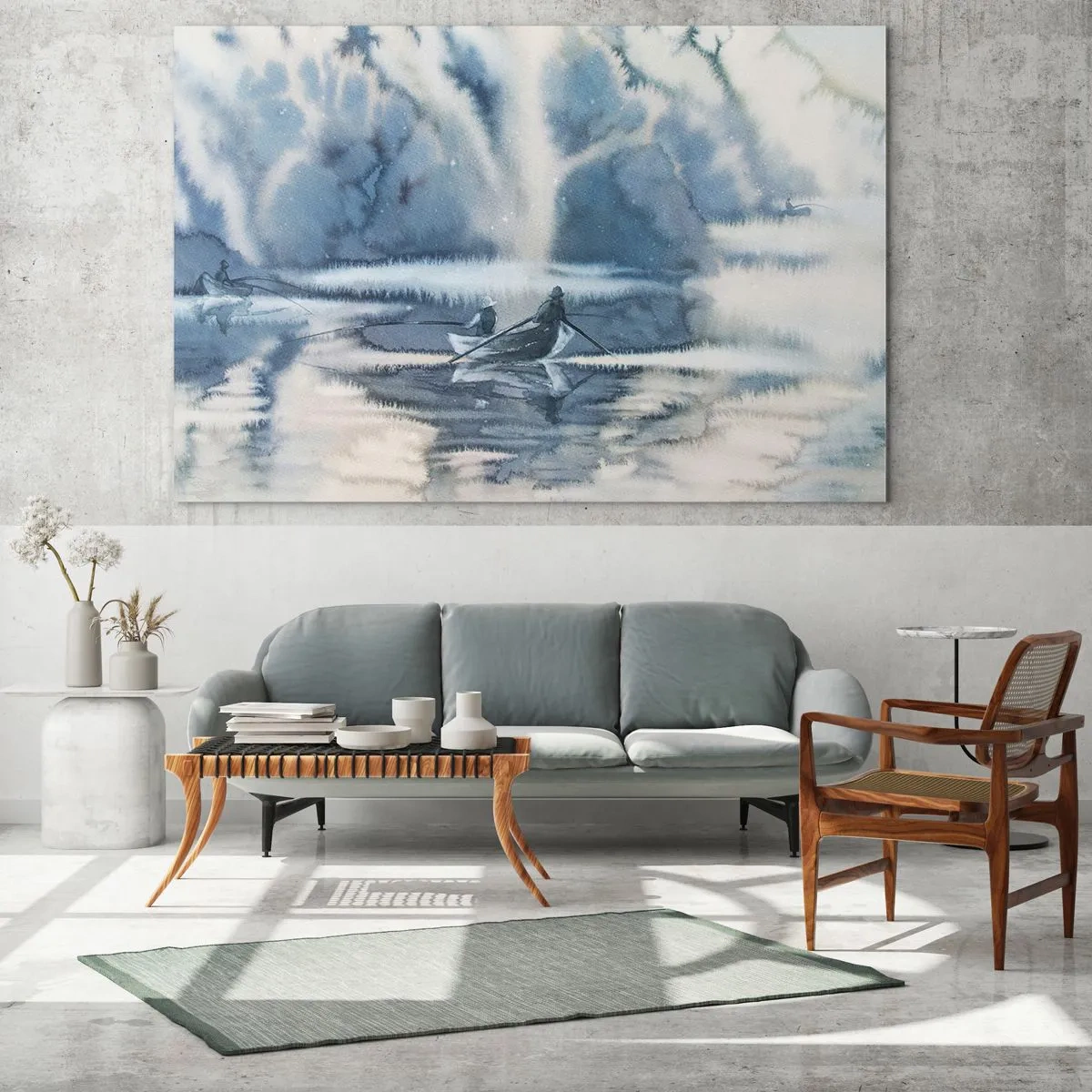 Obraz na szkle - Dwóch wędkarzy na łodzi otoczonej mglistym krajobrazem - 70x50cm - Wędkarze w swoim raju - Nowoczesna dekoracja ścienna do salonu i sypialni ARTTOR