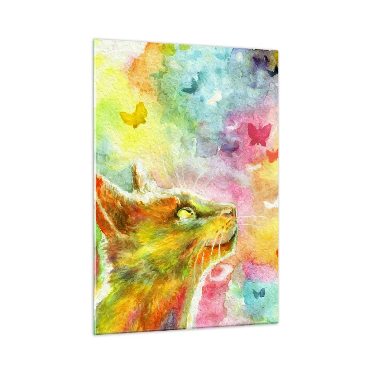 Obraz na szkle - Kot obserwujący kolorowe motyle w pastelowym tle - 50x70cm - Baju-baju w kocim raju - Nowoczesna dekoracja ścienna do salonu, kuchni i sypialni ARTTOR