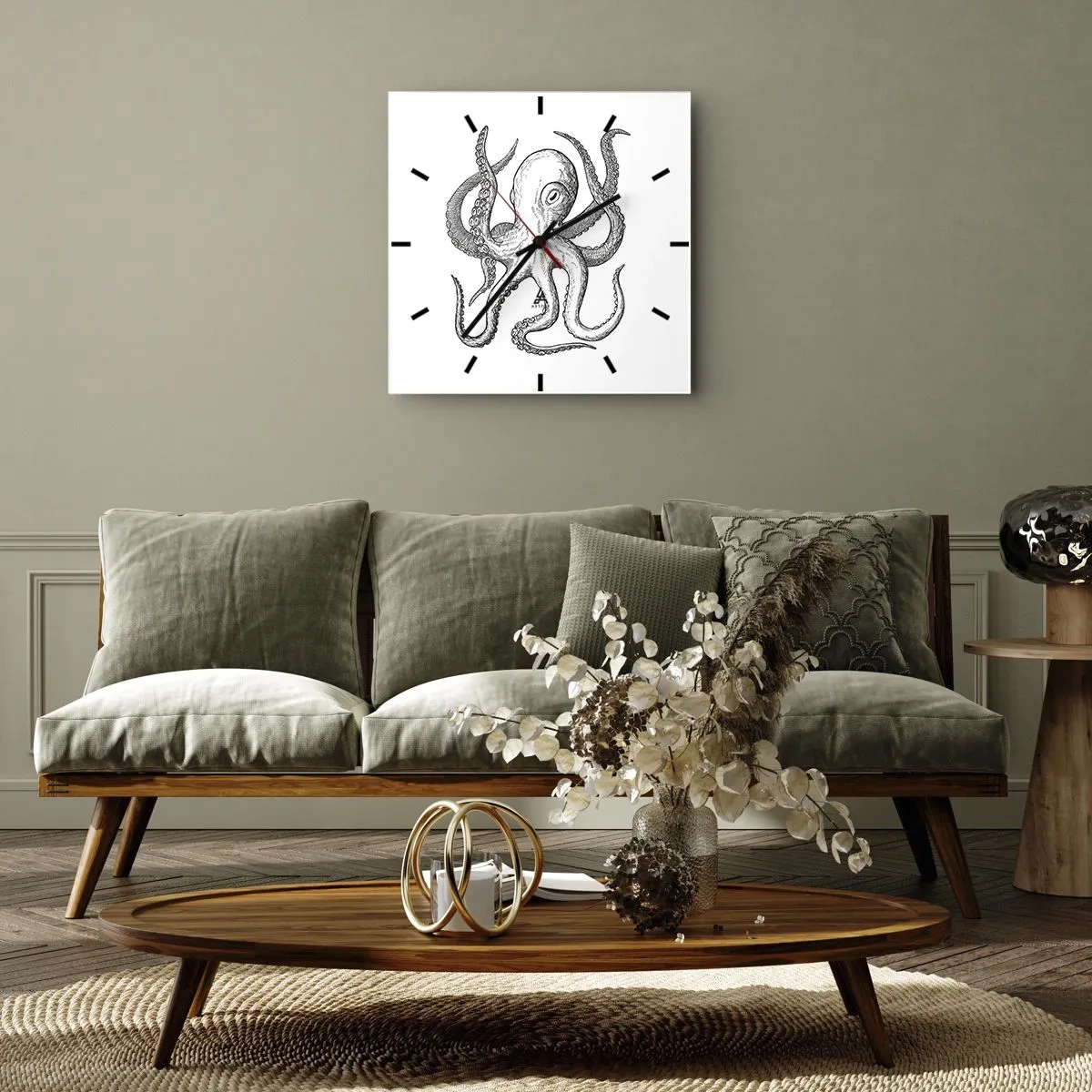Zegar ścienny - Czarno-biały rysunek ośmiornicy na białym tle w stylu vintage - 30x30cm - Tańcząca z falami - Nowoczesna dekoracja ścienna do salonu i sypialni ARTTOR