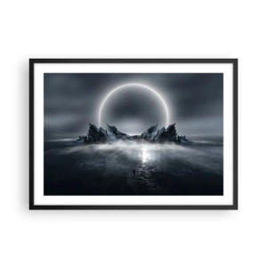 Plakat w czarnej ramie - Tajemniczy krajobraz z pierścieniem światła nad górami - 70x50cm - Finał opowieści - Nowoczesna dekoracja ścienna do salonu i sypialni ARTTOR