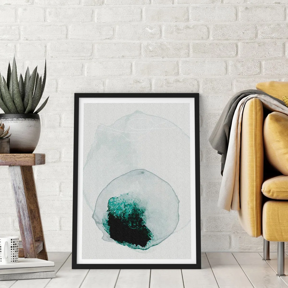 Plakat w czarnej ramie - Abstrakcyjna forma organiczna w odcieniach zieleni - 50x70cm - W kropli wody - Nowoczesna dekoracja ścienna do salonu i sypialni ARTTOR