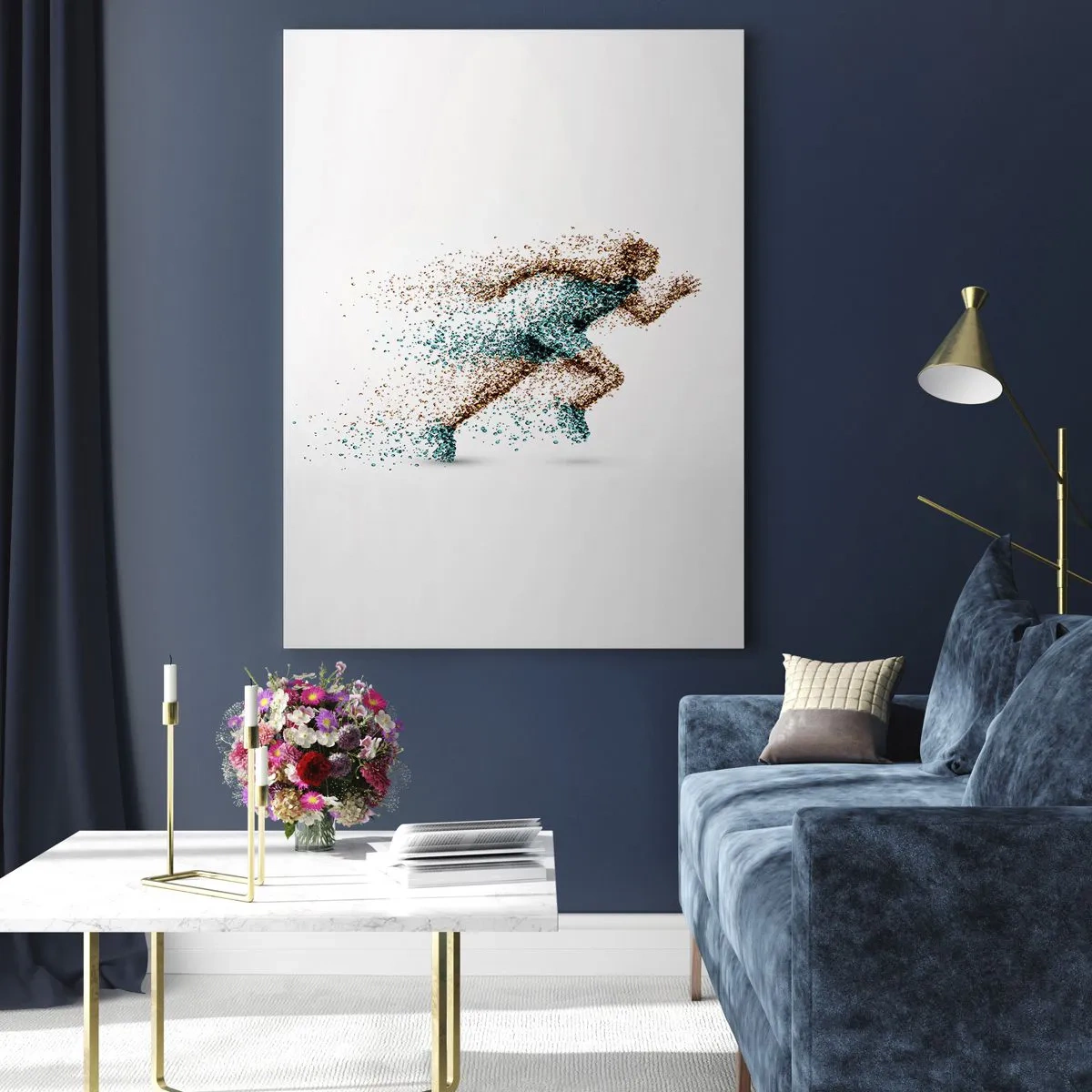 Obraz na szkle - Dynamiczna postać biegacza złożona z drobnych cząstek - 80x120cm - Życie to bieg - Nowoczesna dekoracja ścienna do salonu i sypialni ARTTOR