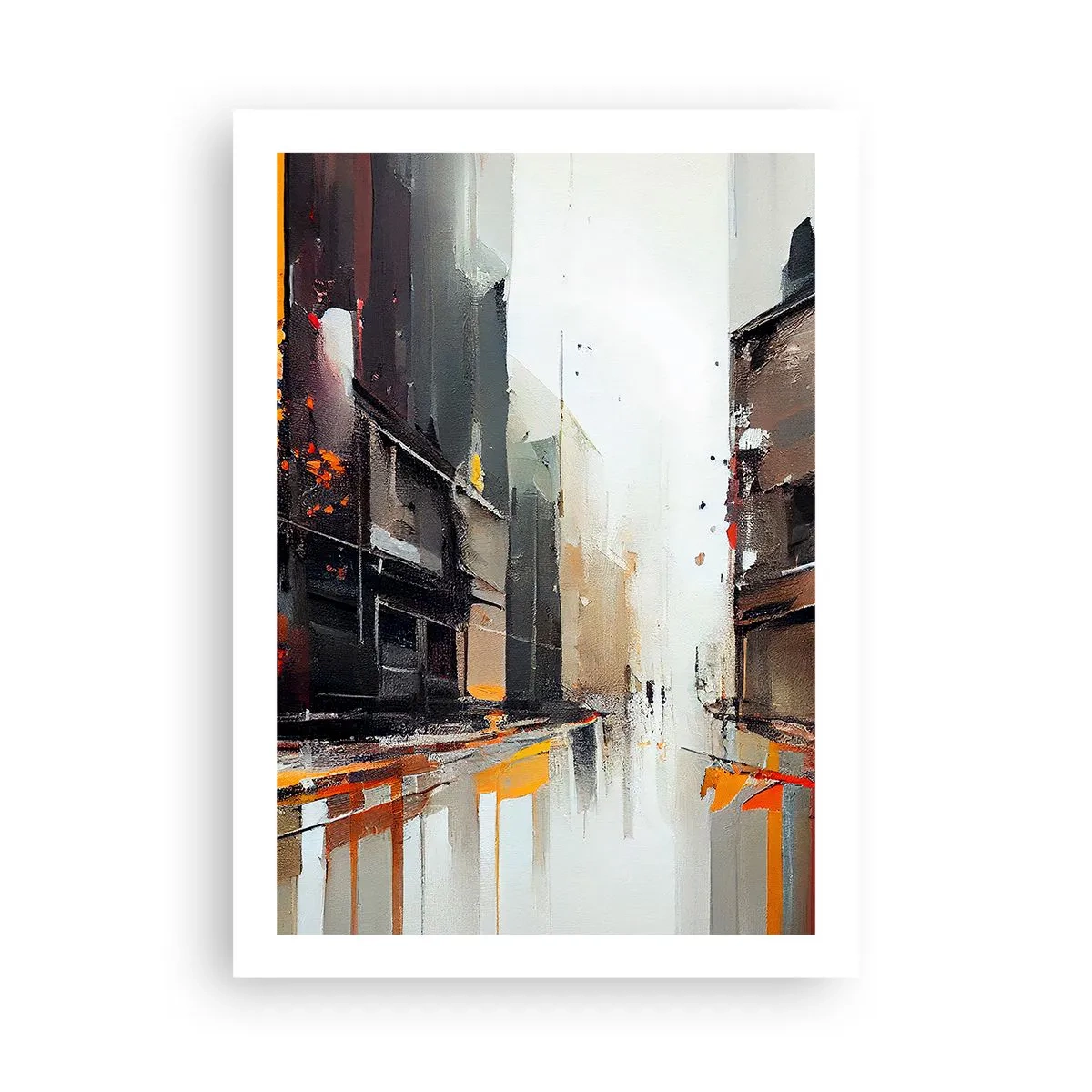 Plakat - Abstrakcyjna panorama miasta w odcieniach szarości i pomarańczu - 50x70cm - Deszczowy dzień - Nowoczesna dekoracja ścienna do salonu, kuchni i sypialni ARTTOR