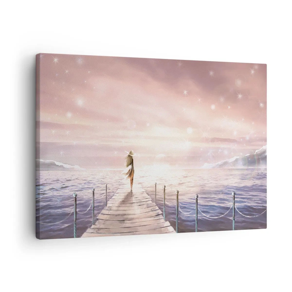 Obraz na płótnie - Kobieta na pomoście w magicznej scenerii zachodu słońca - 70x50cm - W świetle marzenia - Nowoczesna dekoracja ścienna do salonu i sypialni ARTTOR