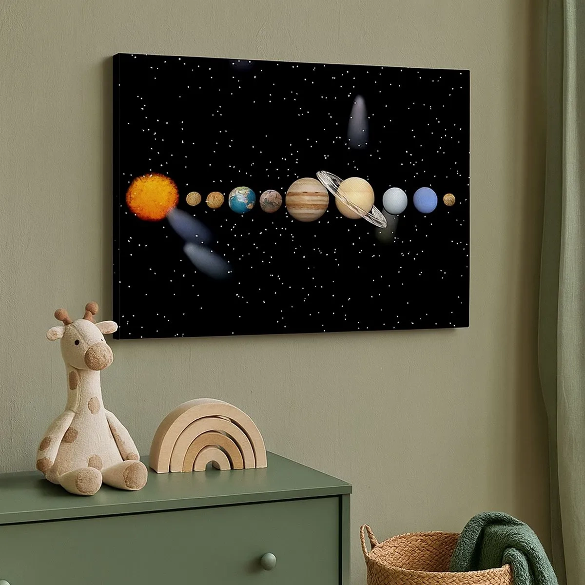 Obraz na płótnie - Układ słoneczny z planetami na tle gwiazd w kosmosie - 70x50cm - A planety szaleją, szaleją… - Nowoczesna dekoracja ścienna do salonu i sypialni ARTTOR