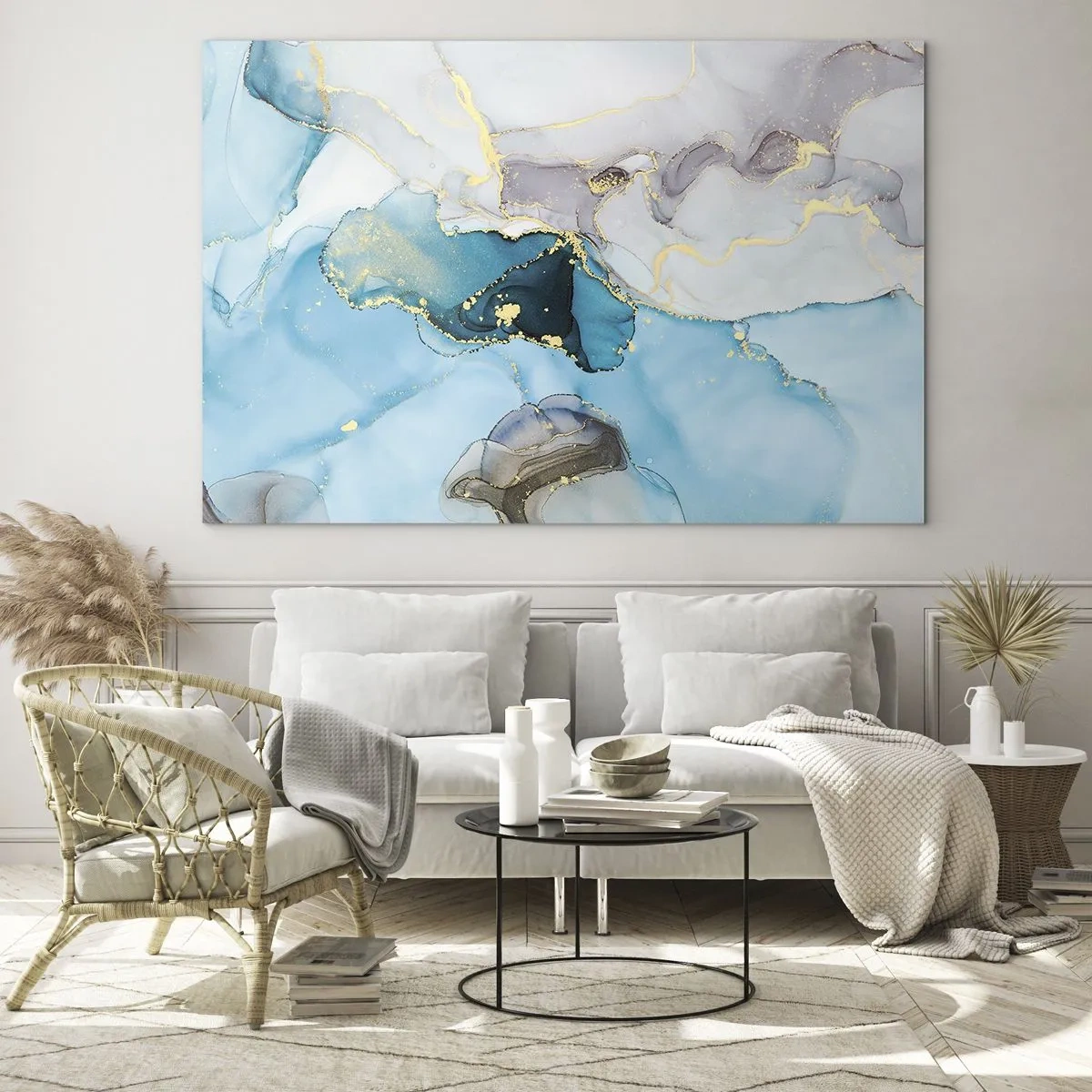 Obraz na szkle - Turkusowe i szare fale z akcentami złota - 70x50cm - Studium spotkania szarości z turkusem - Nowoczesna dekoracja ścienna do salonu i sypialni ARTTOR