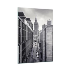 Obraz na szkle - Czarno-biały widok na miasto z wieżowcami i ulicą - 50x70cm - Warszawska dolina - Nowoczesna dekoracja ścienna do salonu, kuchni i sypialni ARTTOR