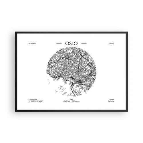 Plakat w czarnej ramie - Mapa Oslo w minimalistycznym, czarno-białym stylu - 100x70cm - Anatomia Oslo - Nowoczesna dekoracja ścienna do salonu i sypialni ARTTOR