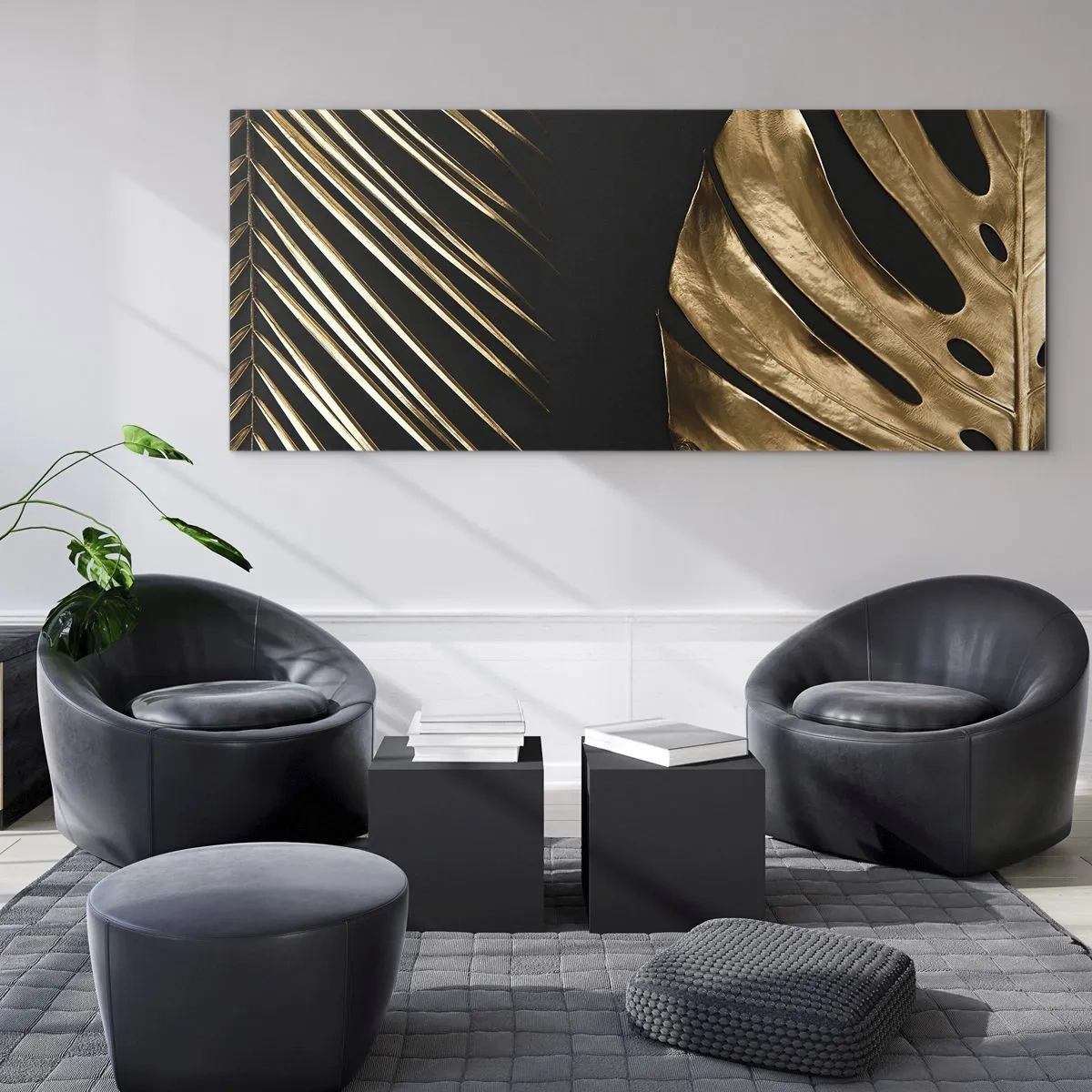 Obraz na szkle - Złote liście na czarnym tle - 120x50cm - Różne, a równie drogie - Nowoczesna dekoracja ścienna do salonu i sypialni ARTTOR