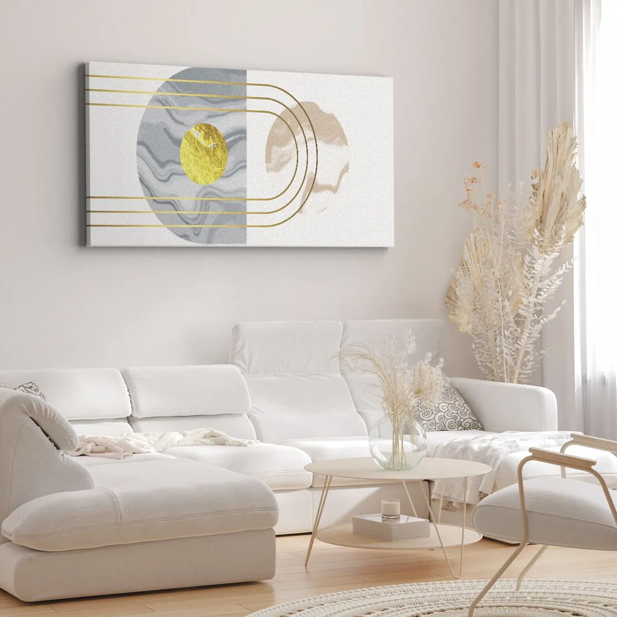 Obraz na płótnie - Abstrakcyjna kompozycja z okręgami i złotymi liniami na jasnym tle - 160x50cm - Jasność i blask - Nowoczesna dekoracja ścienna do salonu i sypialni ARTTOR