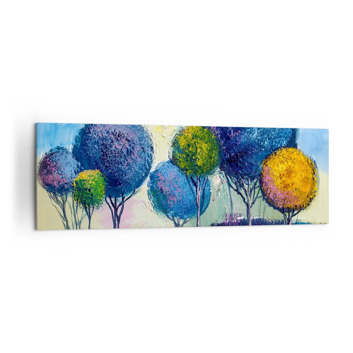 Obraz na płótnie - Kolorowe drzewa w kształcie kul na tle pejzażu - 160x50cm - Kula - kształt ideału - Nowoczesna dekoracja ścienna do salonu i sypialni ARTTOR