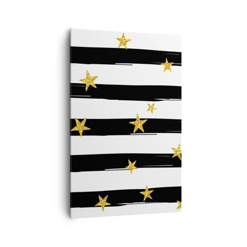 Obraz na płótnie - Czarno-białe pasy z złotymi gwiazdkami - 80x120cm - Wszyscy urodziliśmy się pod szczęśliwą gwiazdą - Nowoczesna dekoracja ścienna do salonu i sypialni ARTTOR