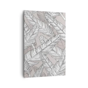 Obraz na płótnie - Czarno-biały wzór z liśćmi bananowca na jasnym tle - 70x100cm - Pierzasta zawierucha - Nowoczesna dekoracja ścienna do salonu i sypialni ARTTOR