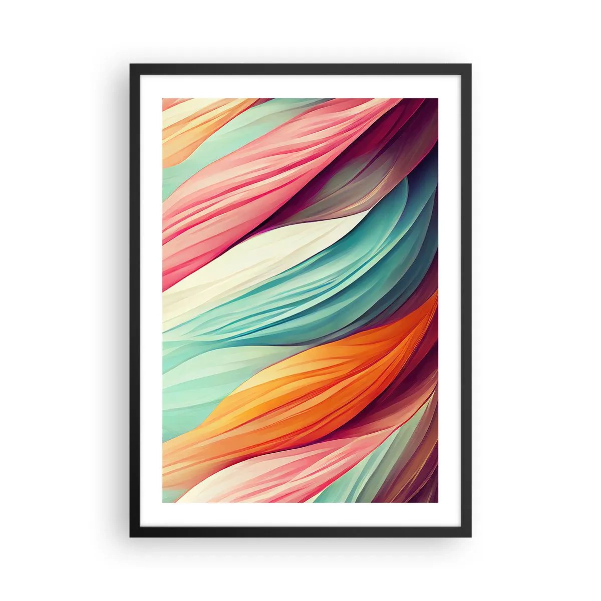 Plakat w czarnej ramie - Abstrakcyjna kompozycja falujących linii w intensywnych barwach - 50x70cm - Tęczowy splot - Nowoczesna dekoracja ścienna do salonu i sypialni ARTTOR