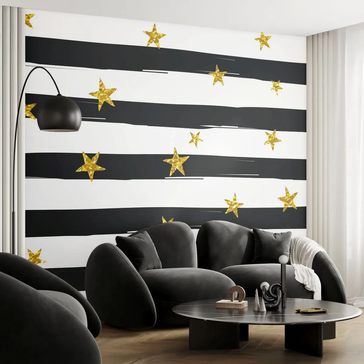 Fototapeta Samoprzylepna Deluxe Sticker - Wszyscy urodziliśmy się pod szczęśliwą gwiazdą - Grafika, Złota Gwiazda, Czarno-Białe Paski - 250x175 cm