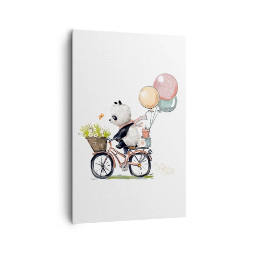 Obraz na płótnie - Panda na rowerze z balonami i kwiatami - 80x120cm - Szczęśliwy dzień - Nowoczesna dekoracja ścienna do salonu i sypialni ARTTOR