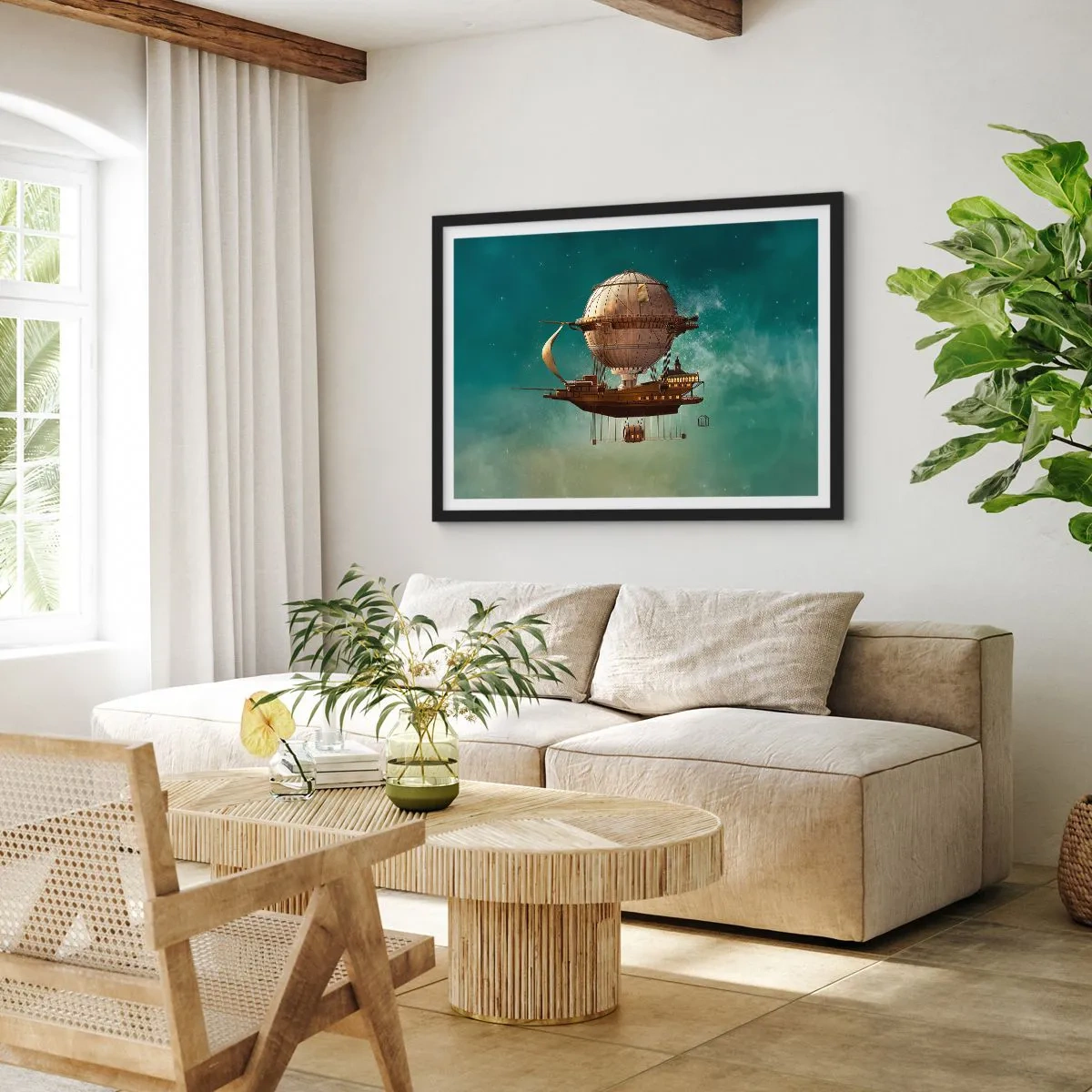 Plakat w czarnej ramie - Fantastyczny sterowiec na tle zielonkawego nieba - 70x50cm - Juliusz Verne pozdrawia - Nowoczesna dekoracja ścienna do salonu i sypialni ARTTOR