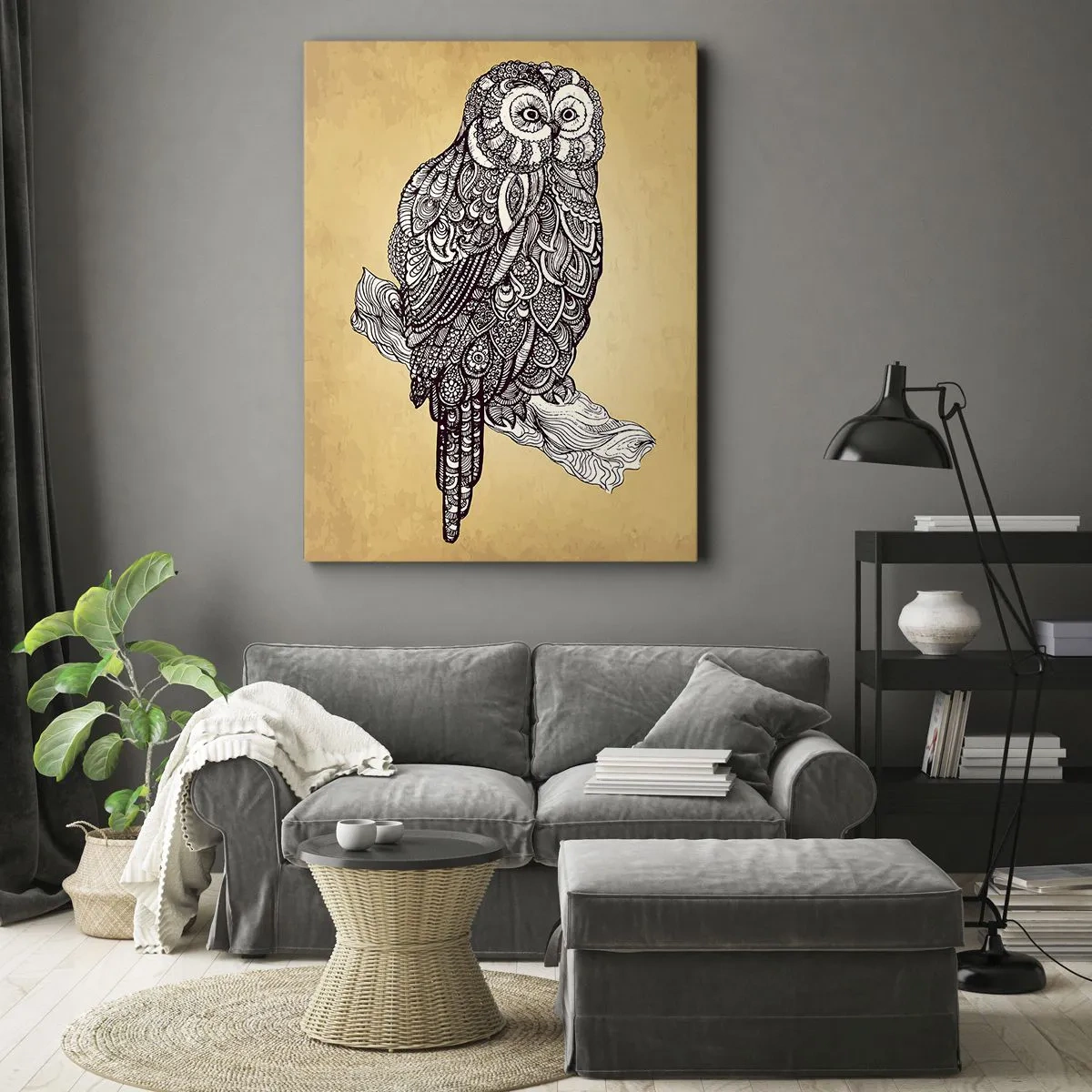 Obraz na płótnie - Sowa w ornamentalnym stylu na tle w odcieniach beżu - 80x120cm - Misterne ornamenty mądrości - Nowoczesna dekoracja ścienna do salonu i sypialni ARTTOR