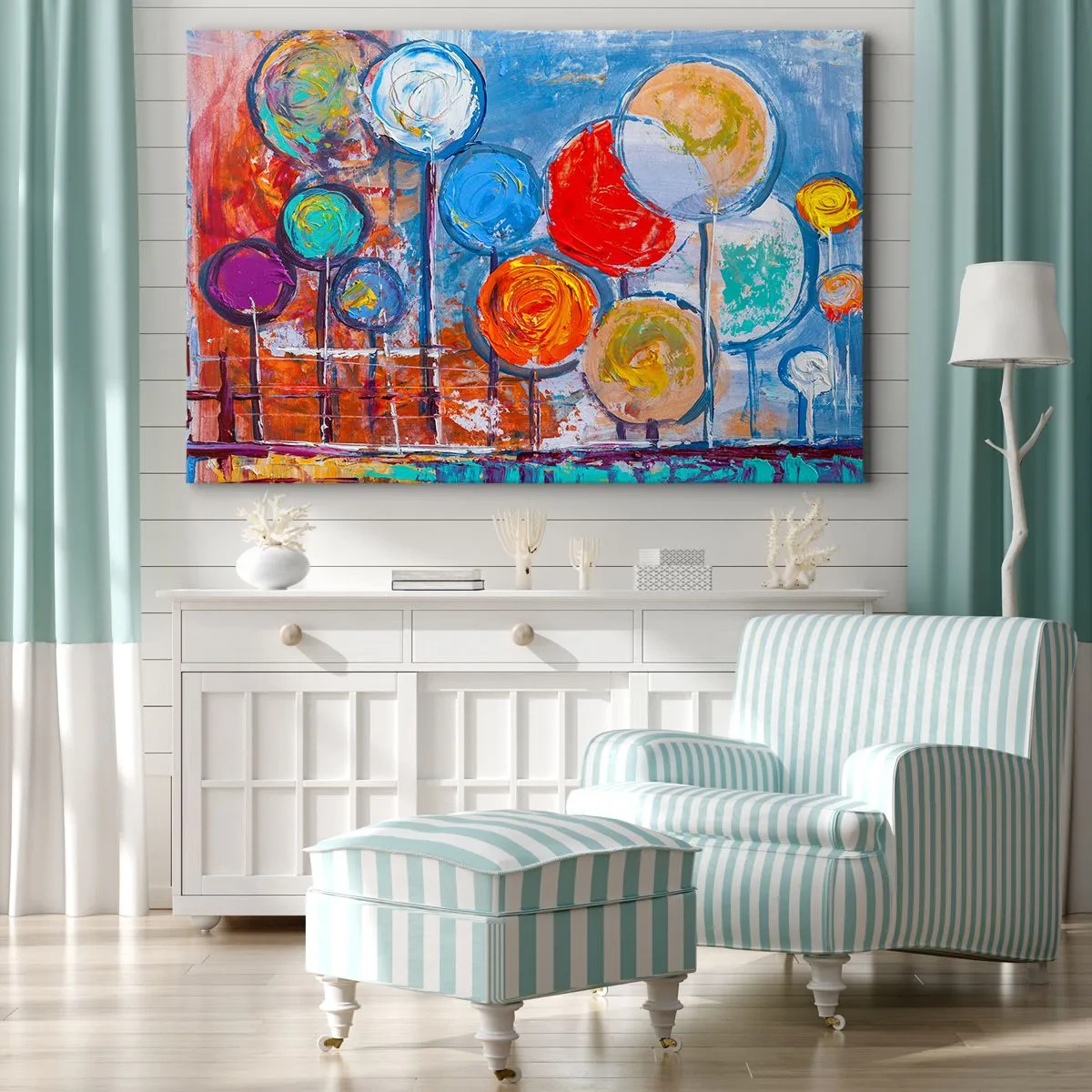 Obraz na płótnie - Kolorowe abstrakcyjne drzewa na niebieskim tle - 100x70cm - Cuda na kiju - Nowoczesna dekoracja ścienna do salonu, kuchni i sypialni ARTTOR