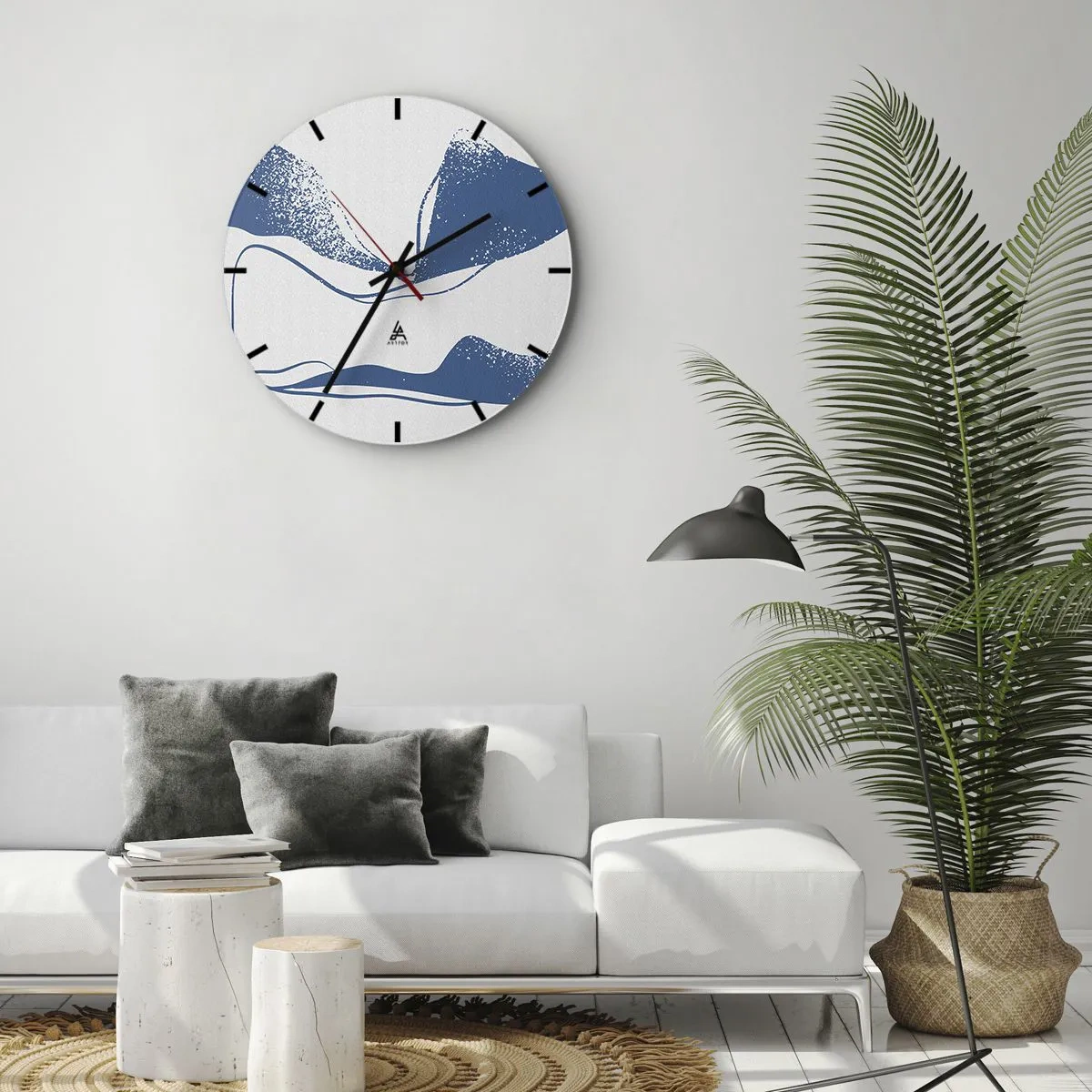 Zegar ścienny - Graficzna abstrakcja z błękitnymi skrzydłami na białym tle - 30x30cm - Abstrakcja uskrzydlona - Nowoczesna dekoracja ścienna do salonu, kuchni i sypialni ARTTOR