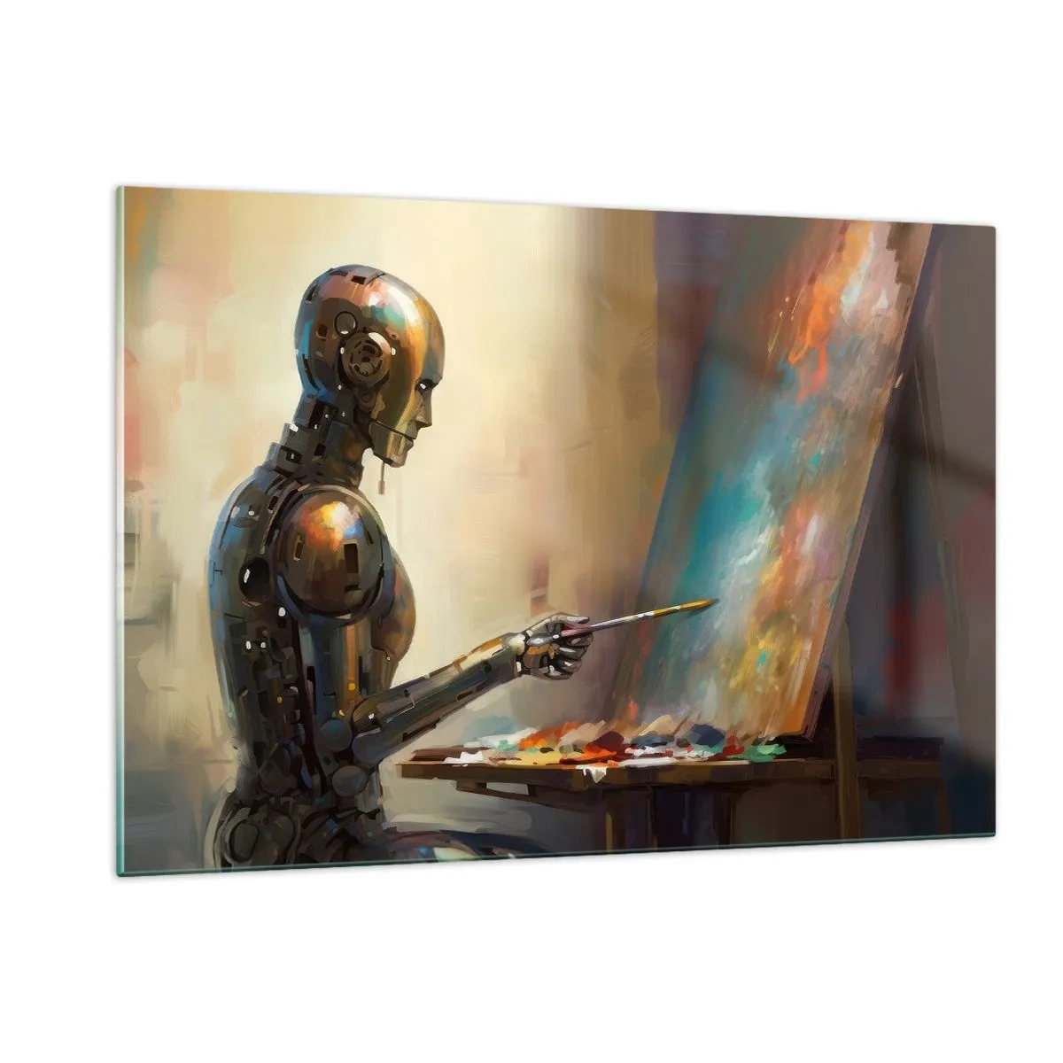 Obraz na szkle - Robot malujący obraz przy sztaludze - 120x80cm - Sztuka przyszłości - Nowoczesna dekoracja ścienna do salonu, kuchni i sypialni ARTTOR