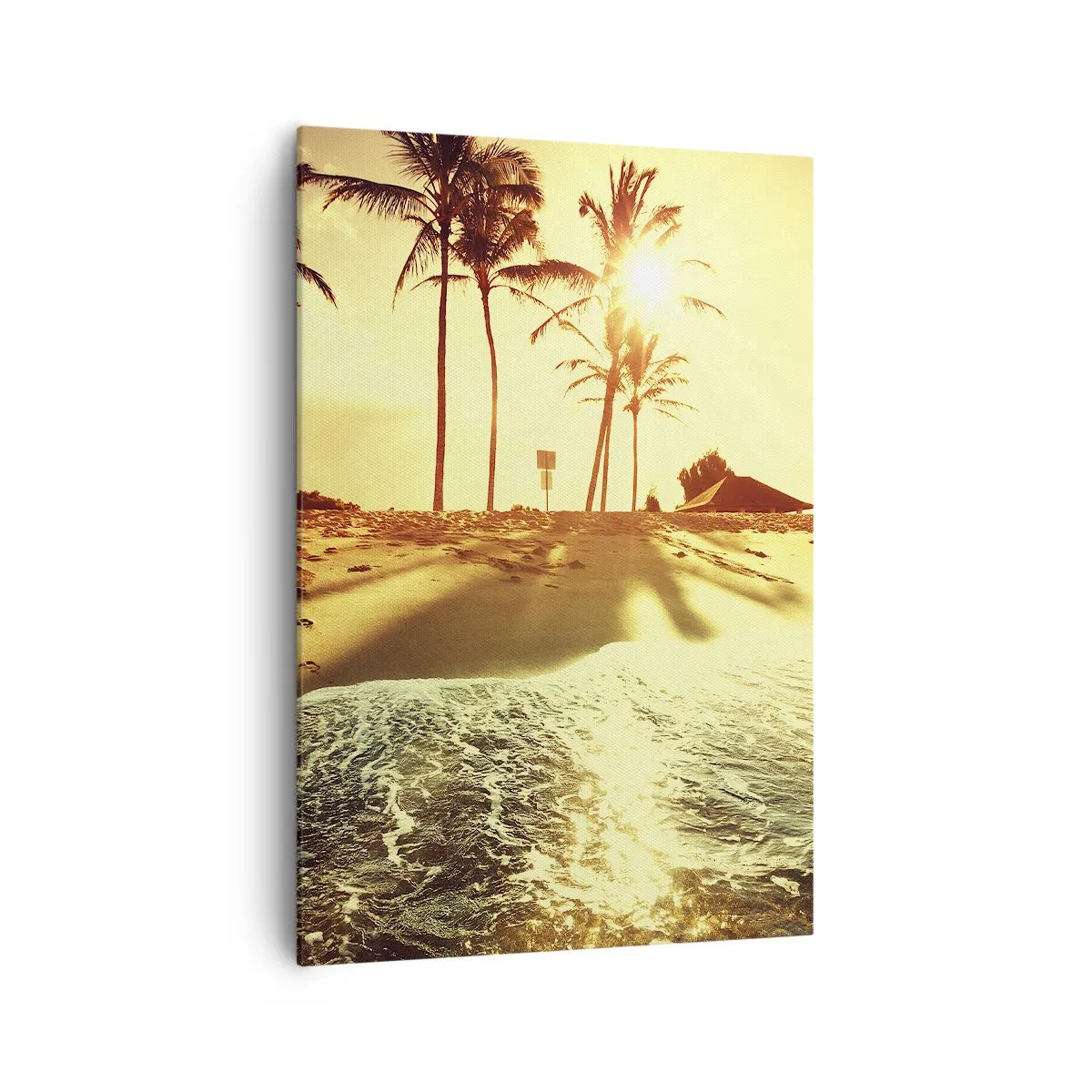 Obraz na płótnie - Plaża z palmami oświetlona ciepłym zachodem słońca - 70x100cm - Kalifornijskie popołudnie - Nowoczesna dekoracja ścienna do salonu i sypialni ARTTOR