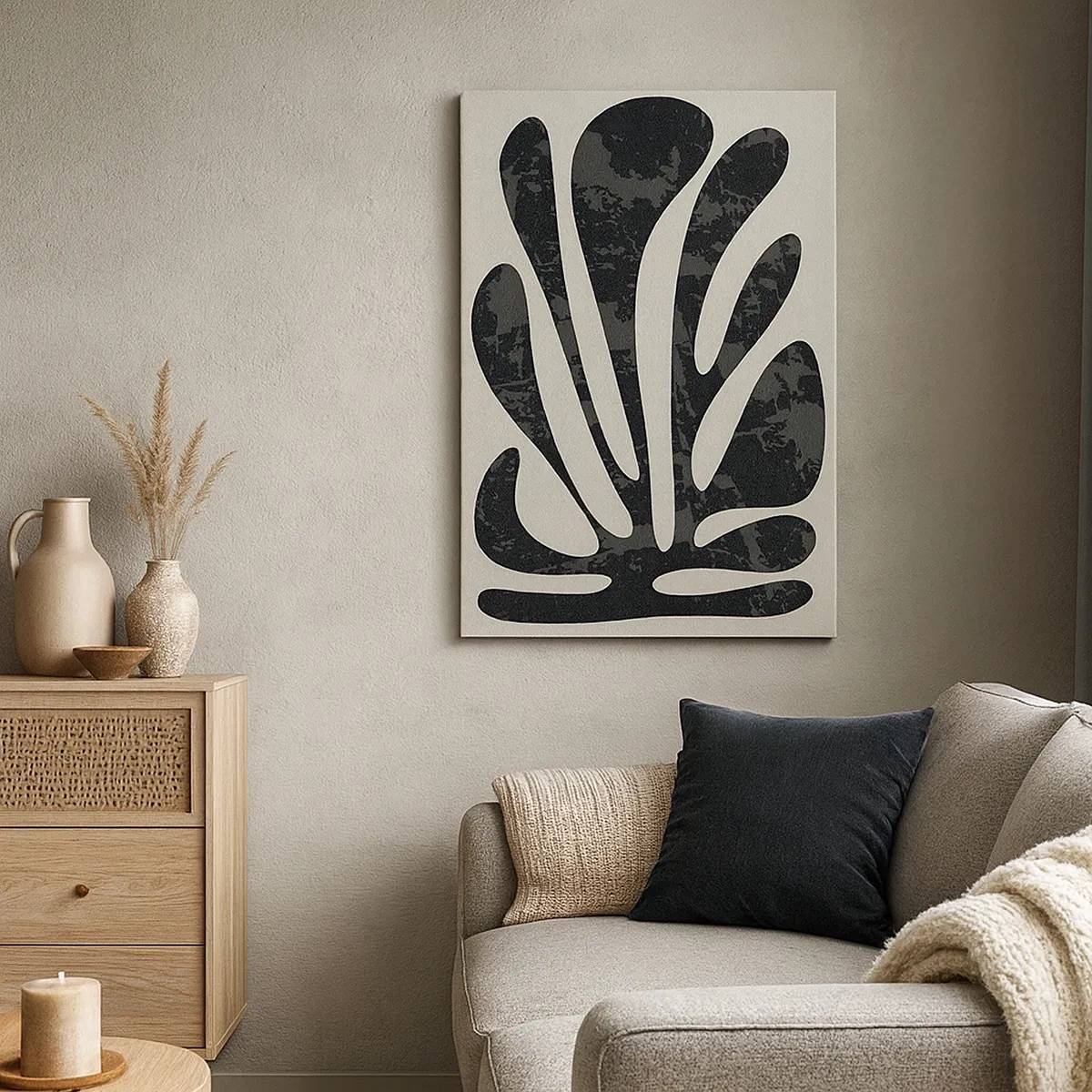 Obraz na płótnie - Minimalistyczna abstrakcja w formie organicznych kształtów w odcieniach czerni i szarości - 50x70cm - Abstrakcja wielopalczasta - Nowoczesna dekoracja ścienna do salonu, kuchni i sypialni ARTTOR