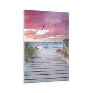 Obraz na szkle - Drewniana ścieżka na plaży o różowym zachodzie słońca - 80x120cm - Bałtycka impresja - Nowoczesna dekoracja ścienna do salonu i sypialni ARTTOR