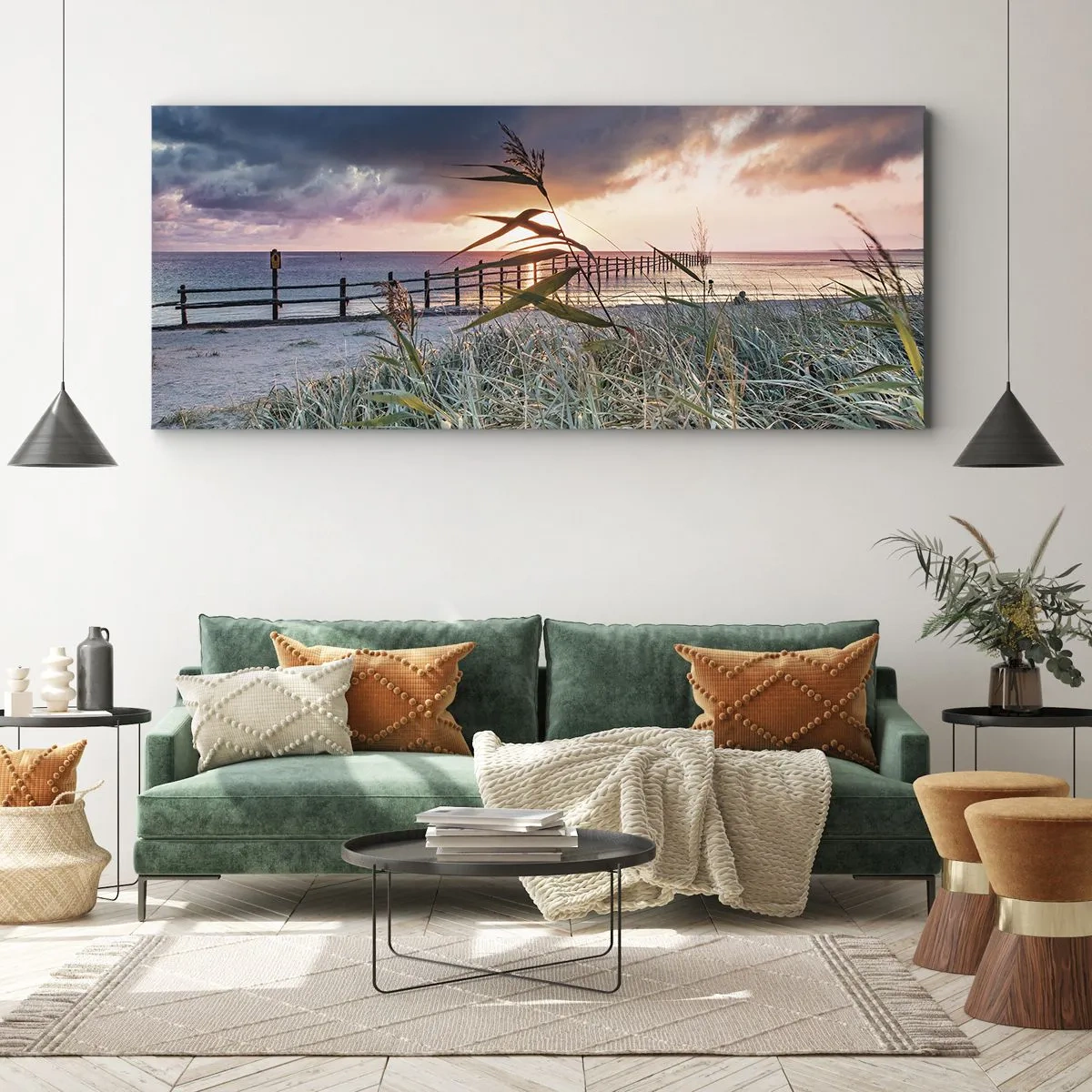 Obraz na płótnie - Plaża o zachodzie słońca z trawami na pierwszym planie - 140x50cm - Nie przemija z wiatrem - Nowoczesna dekoracja ścienna do salonu i sypialni ARTTOR