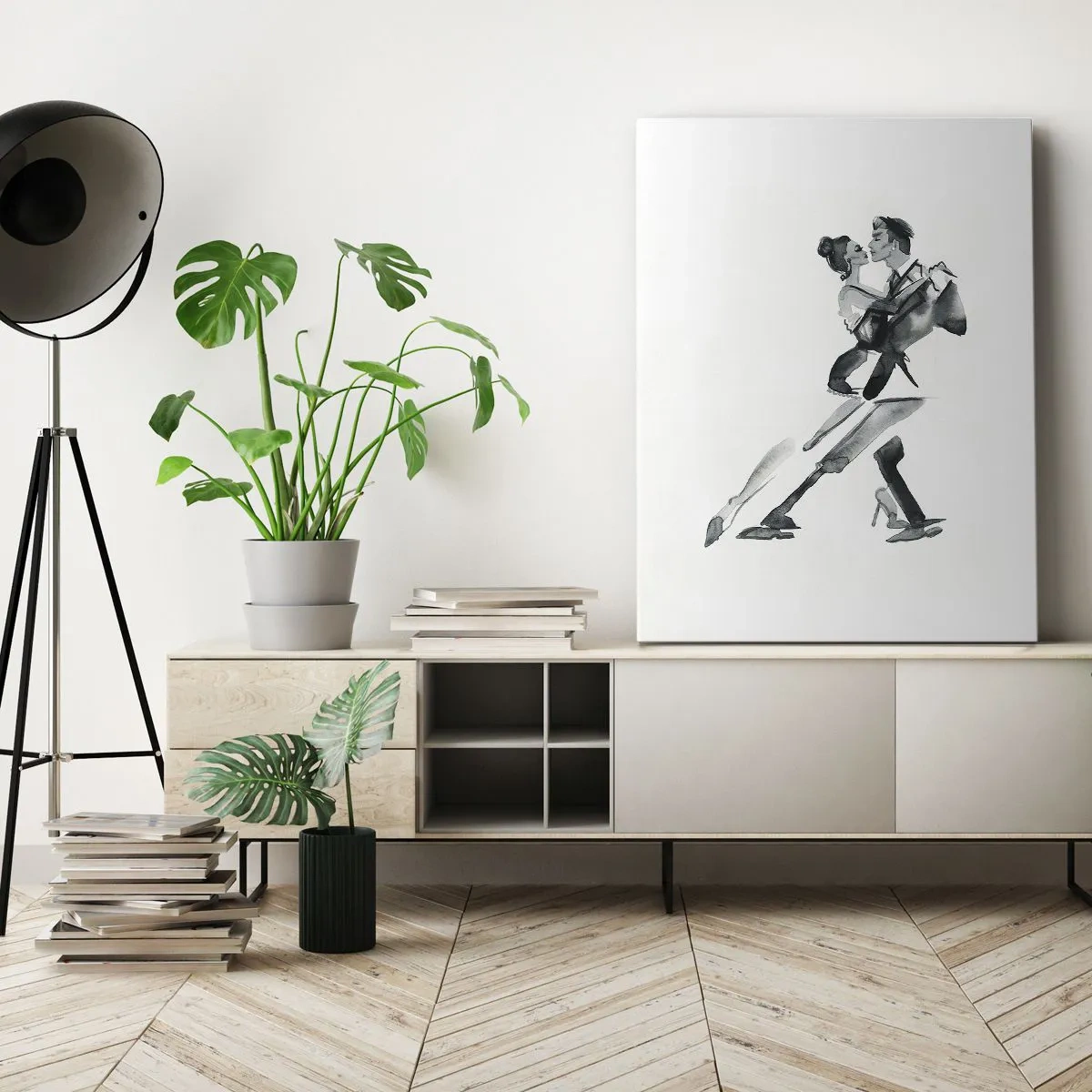 Obraz na płótnie - Sylwetki pary tańczącej tango w stylu akwareli na białym tle - 50x70cm - W jednym rytmie - Nowoczesna dekoracja ścienna do salonu, kuchni i sypialni ARTTOR