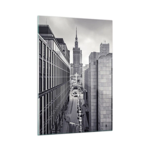 Obraz na szkle - Czarno-biały widok na miasto z wieżowcami i ulicą - 50x70cm - Warszawska dolina - Nowoczesna dekoracja ścienna do salonu, kuchni i sypialni ARTTOR