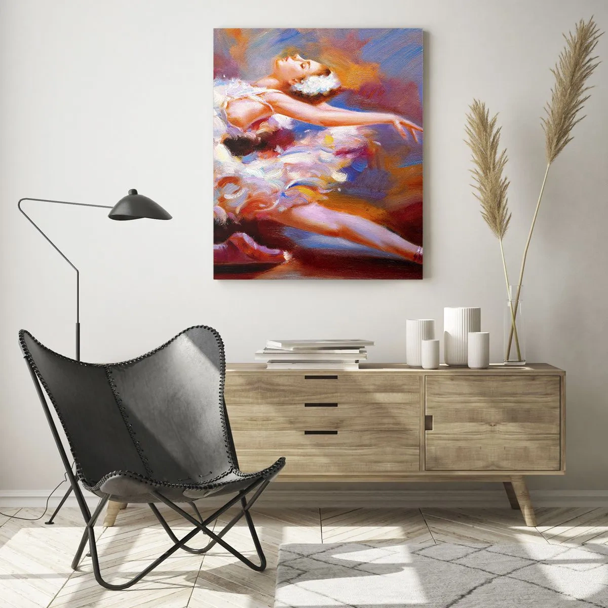 Obraz na szkle - Balerina w dynamicznej pozie wśród pastelowych barw - 80x120cm - Łabędzia gracja - Nowoczesna dekoracja ścienna do salonu i sypialni ARTTOR