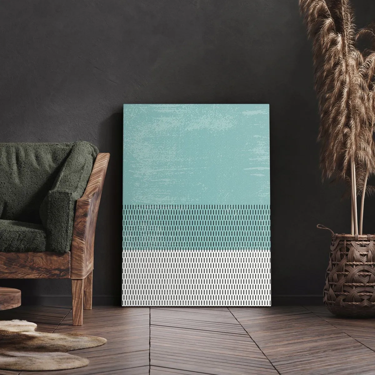 Obraz na płótnie - Geometryczna kompozycja z turkusem i liniami - 80x120cm - Kompozycja zrównoważona - Nowoczesna dekoracja ścienna do salonu i sypialni ARTTOR