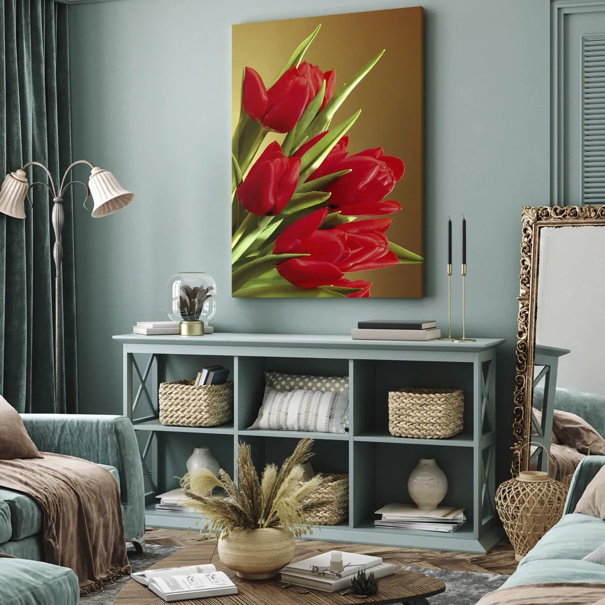 Obraz na płótnie - Bukiet czerwonych tulipanów na tle w ciepłych tonach - 50x70cm - Pęk wiosennej radości - Nowoczesna dekoracja ścienna do salonu, kuchni i sypialni ARTTOR