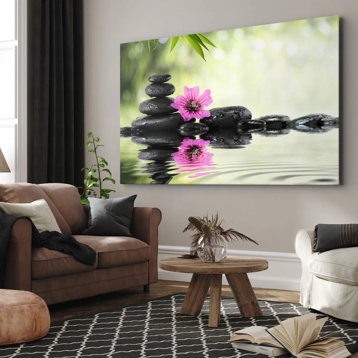 Obraz na płótnie - Kamienie Zen i różowy kwiat odbijające się w wodzie - 70x50cm - Czas dla duszy - Nowoczesna dekoracja ścienna do salonu i sypialni ARTTOR