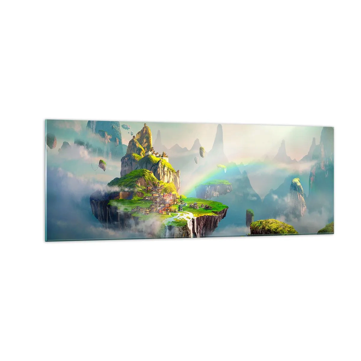 Obraz na szkle - Latające wyspy wśród chmur z tęczą na horyzoncie - 140x50cm - Śródniebie - wyspy szczęśliwe - Nowoczesna dekoracja ścienna do salonu i sypialni ARTTOR