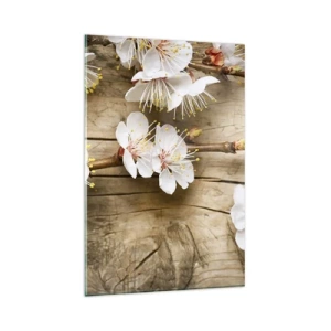 Obraz na szkle - Gałązki kwitnącej wiśni na tle drewnianej deski - 80x120cm - I stała się wiosna - Nowoczesna dekoracja ścienna do salonu i sypialni ARTTOR