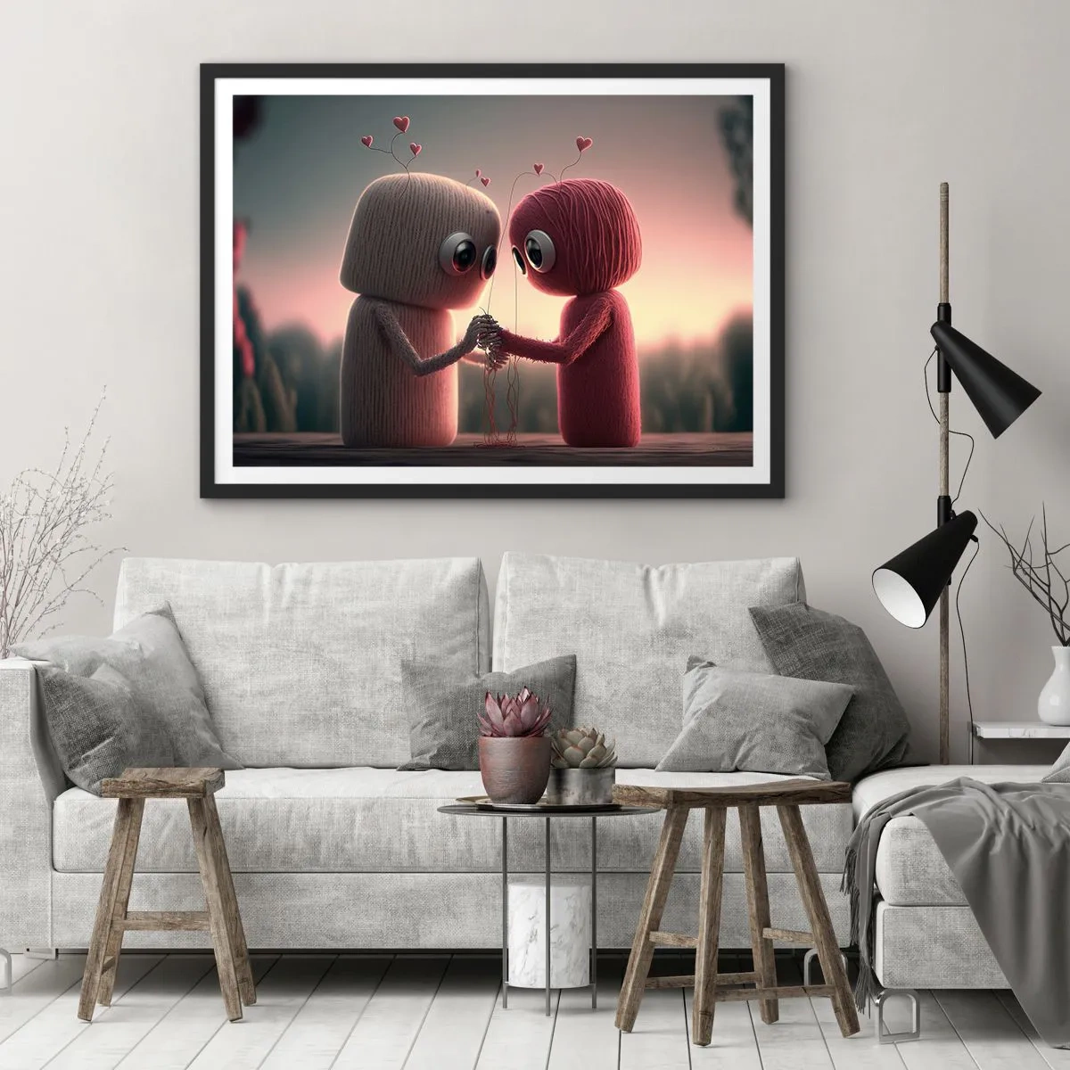 Plakat w czarnej ramie - Postacie z włóczki w uroczej scenerii z sercami - 70x50cm - Każdemu wolno kochać - Nowoczesna dekoracja ścienna do salonu i sypialni ARTTOR