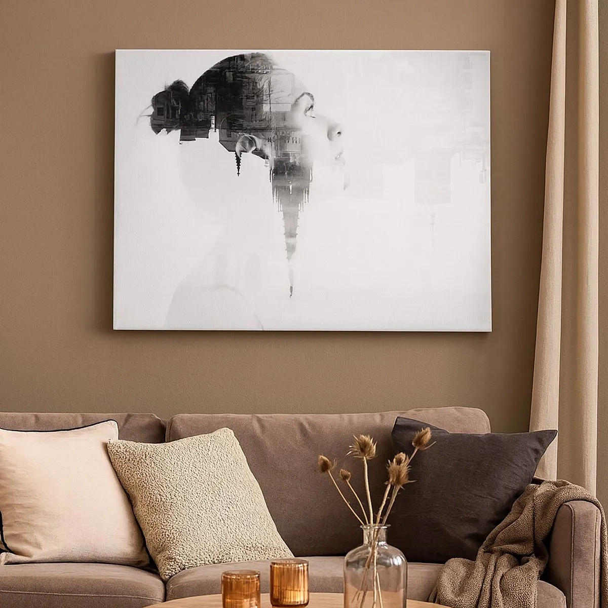 Obraz na płótnie - Portret kobiety z konturami miasta w tle, czarno-białe barwy - 70x50cm - Po dwóch stronach szyby - Nowoczesna dekoracja ścienna do salonu i sypialni ARTTOR